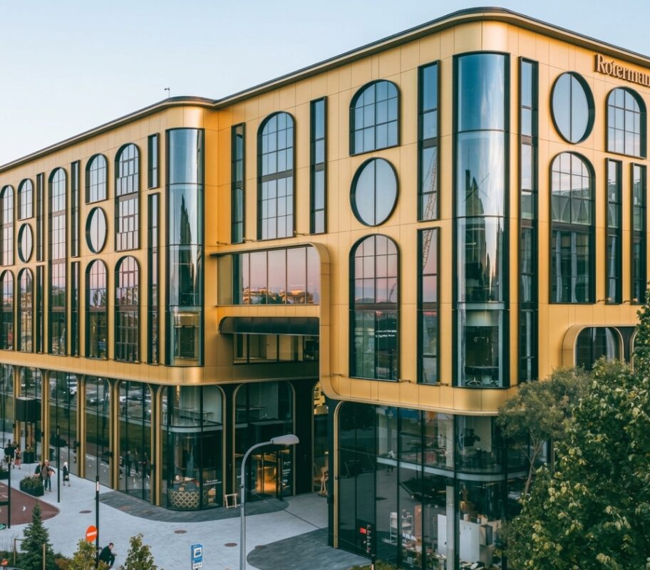 Golden Gate building in Tallinn with a gold facade and arched and round windows