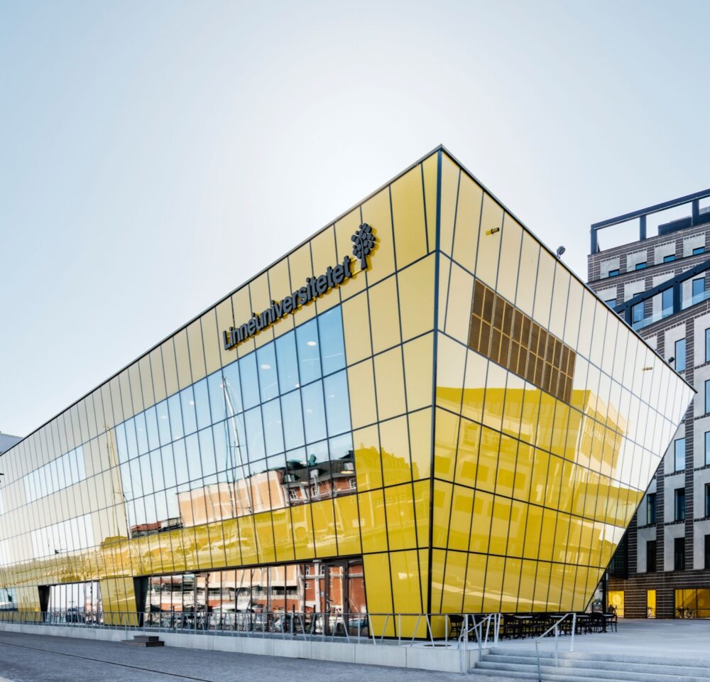 Linnaeus University in Kalmar with its angular yellow glass facade