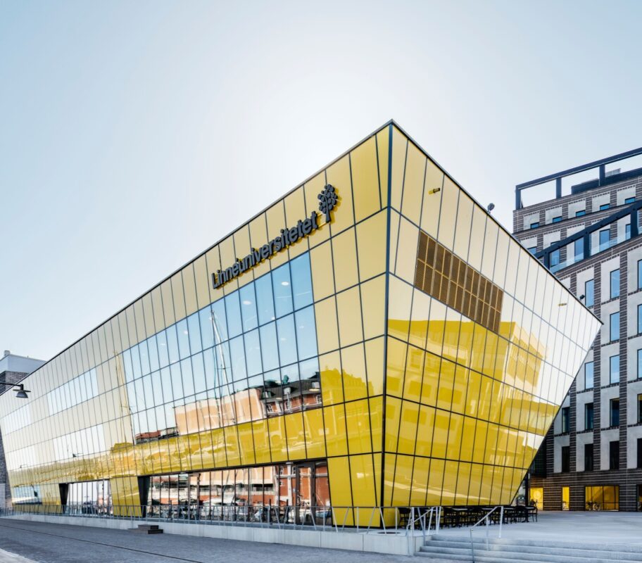 Linnaeus University in Kalmar with its angular yellow glass facade