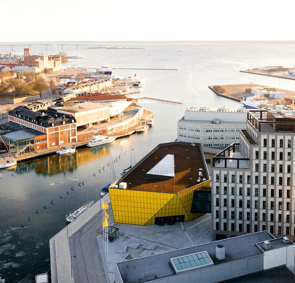 Aerial view of Linnaeus University by the harbour in Kalmar